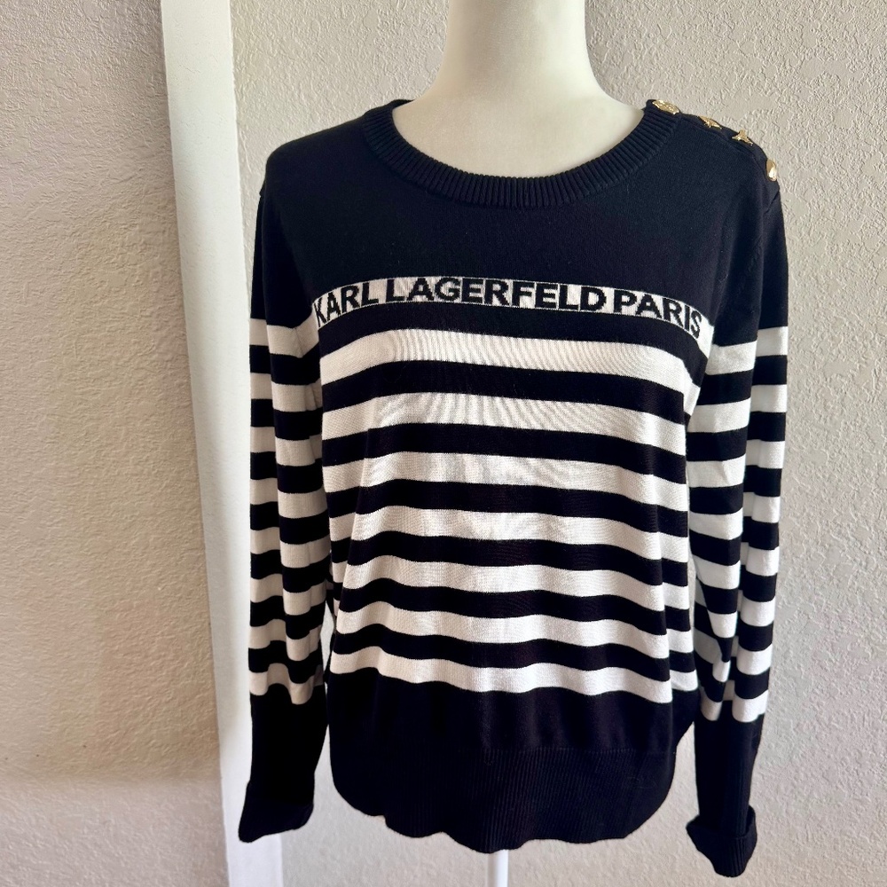 Karl‎ Lagerfeld Paris Striped Sweater Pins Black White Women's Size L A